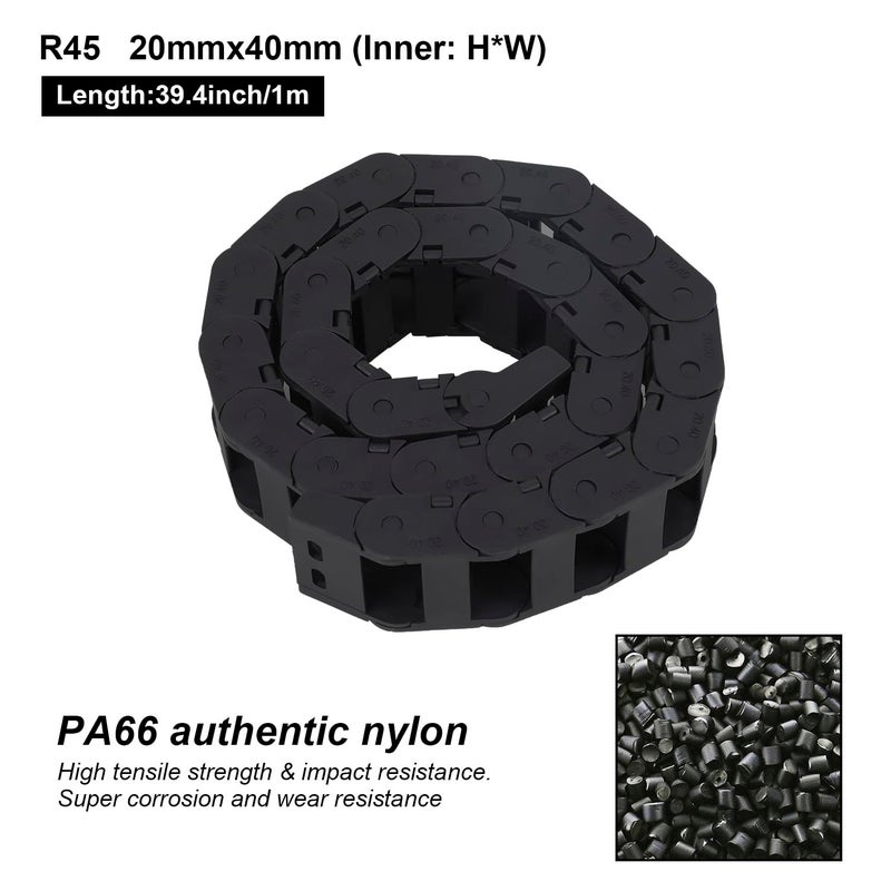 LMioEtool R45 20mm x 40mm(Inner H x Inner W) Black Plastic Cable Wire Carrier Drag Chain 1M Length for CNC, with End Connectors - Bridge Type (Inner Side openable) - Image 2
